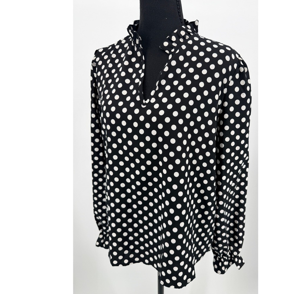 Polka Dot Blouse Women M Black Good Ruffle Collar Long Sleeve V-Neck